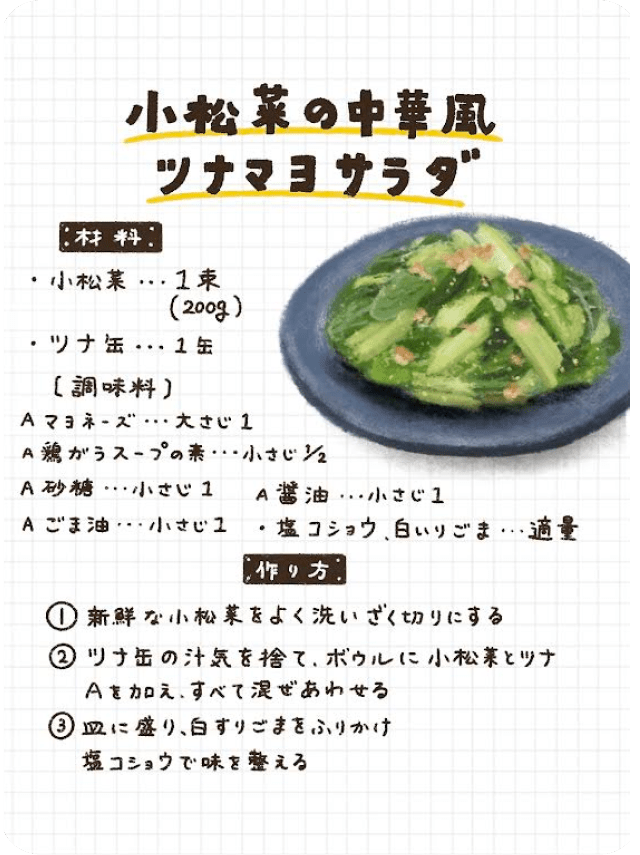 「小松菜の中華風ツナマヨサラダ」のレシピ